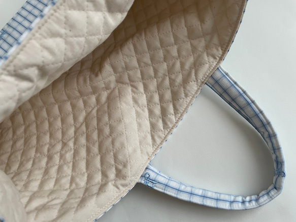 リボン　刺繍　チェック　レッスンバック　トートバック入園入学 3枚目の画像