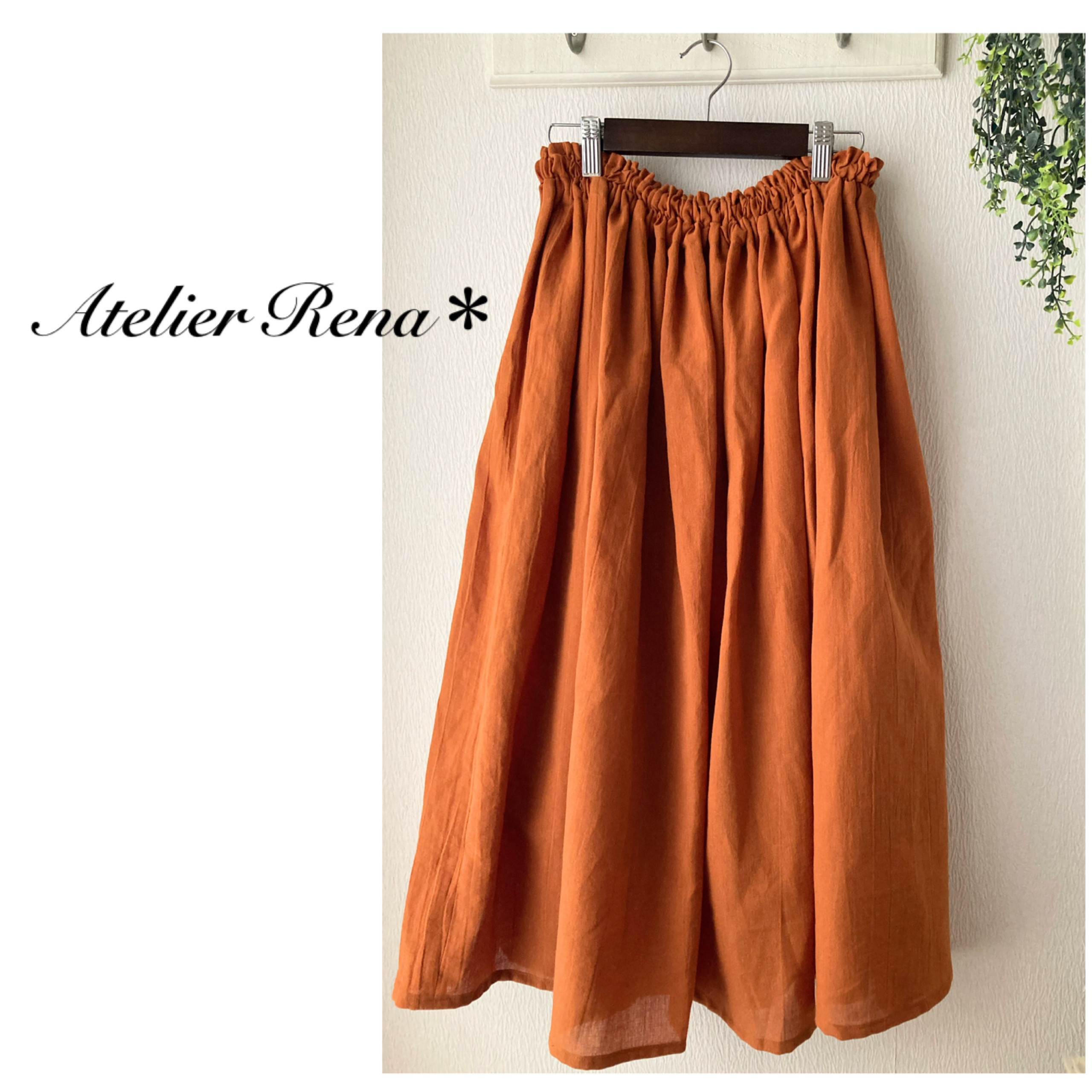 華やかオレンジコットンのボリュームロングスカート裏地つき