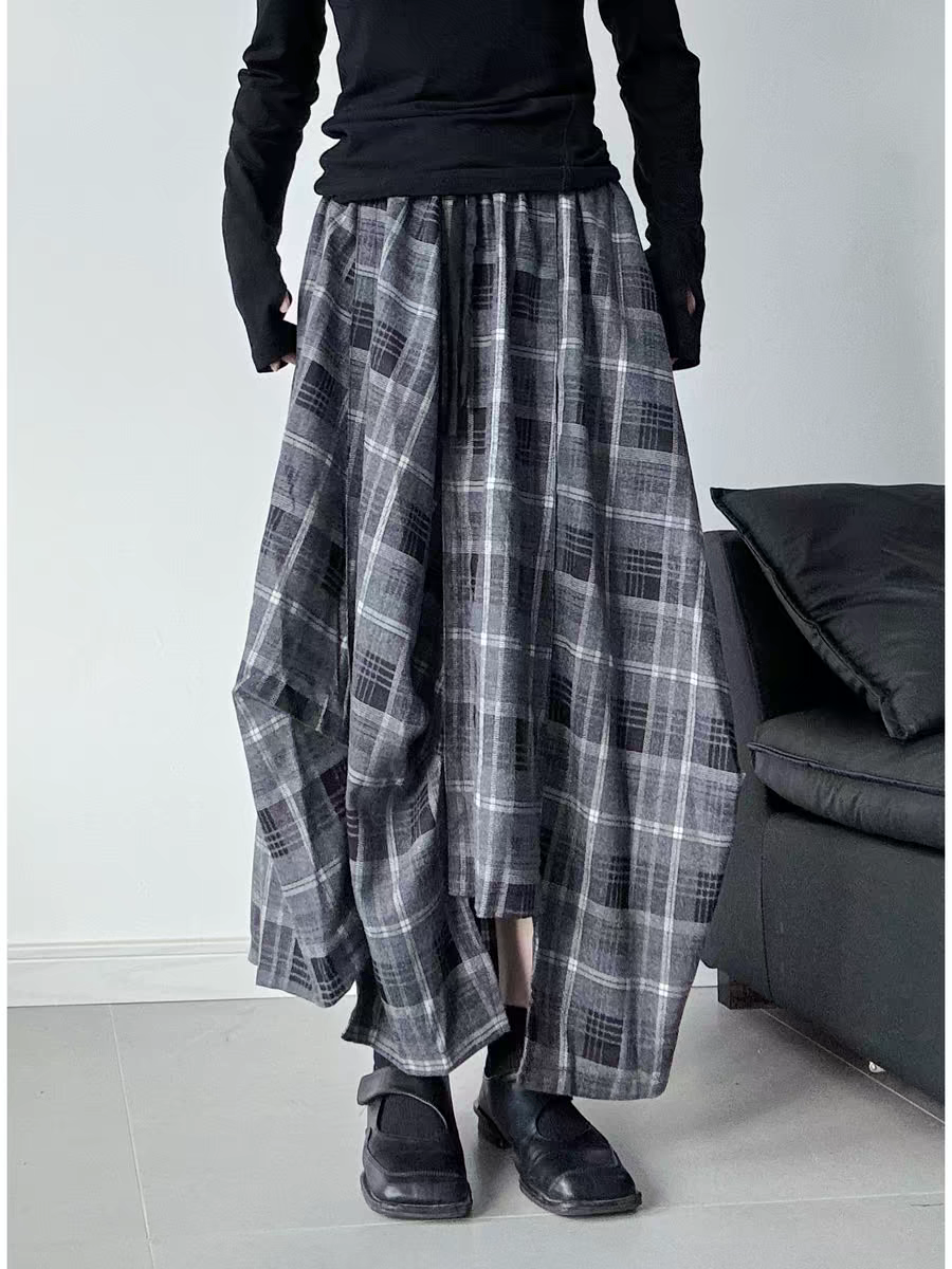 ウエスト楽ちんで秋冬コーデに着回せる♪ドロストチェックスカート ネイビー