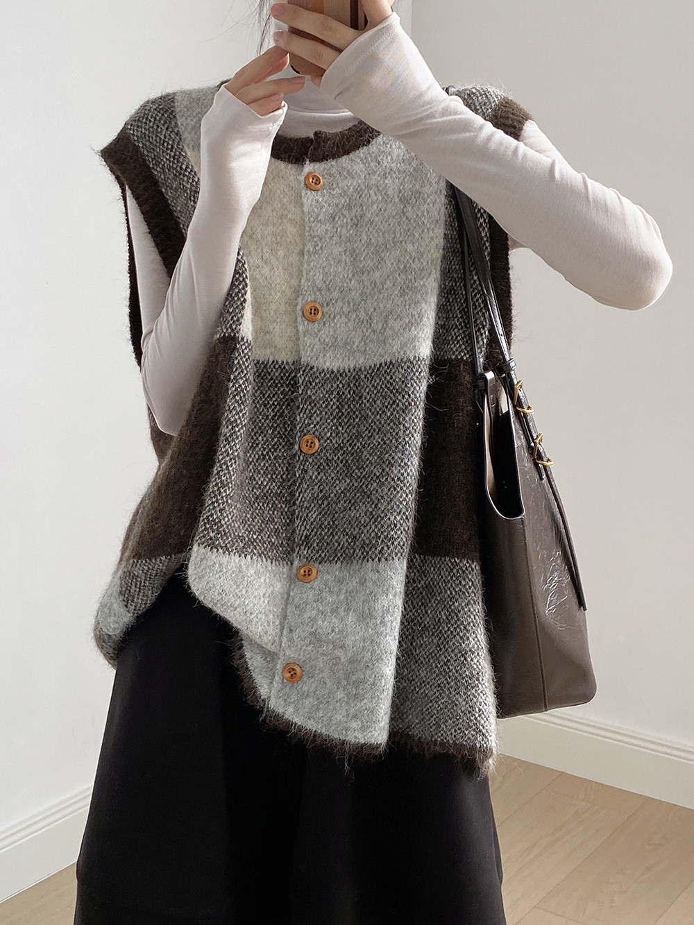 秋冬レディースレトロチェック ゆったりクルーネック ウールベストカーディガン【返品・交換可】品質最優先25-435