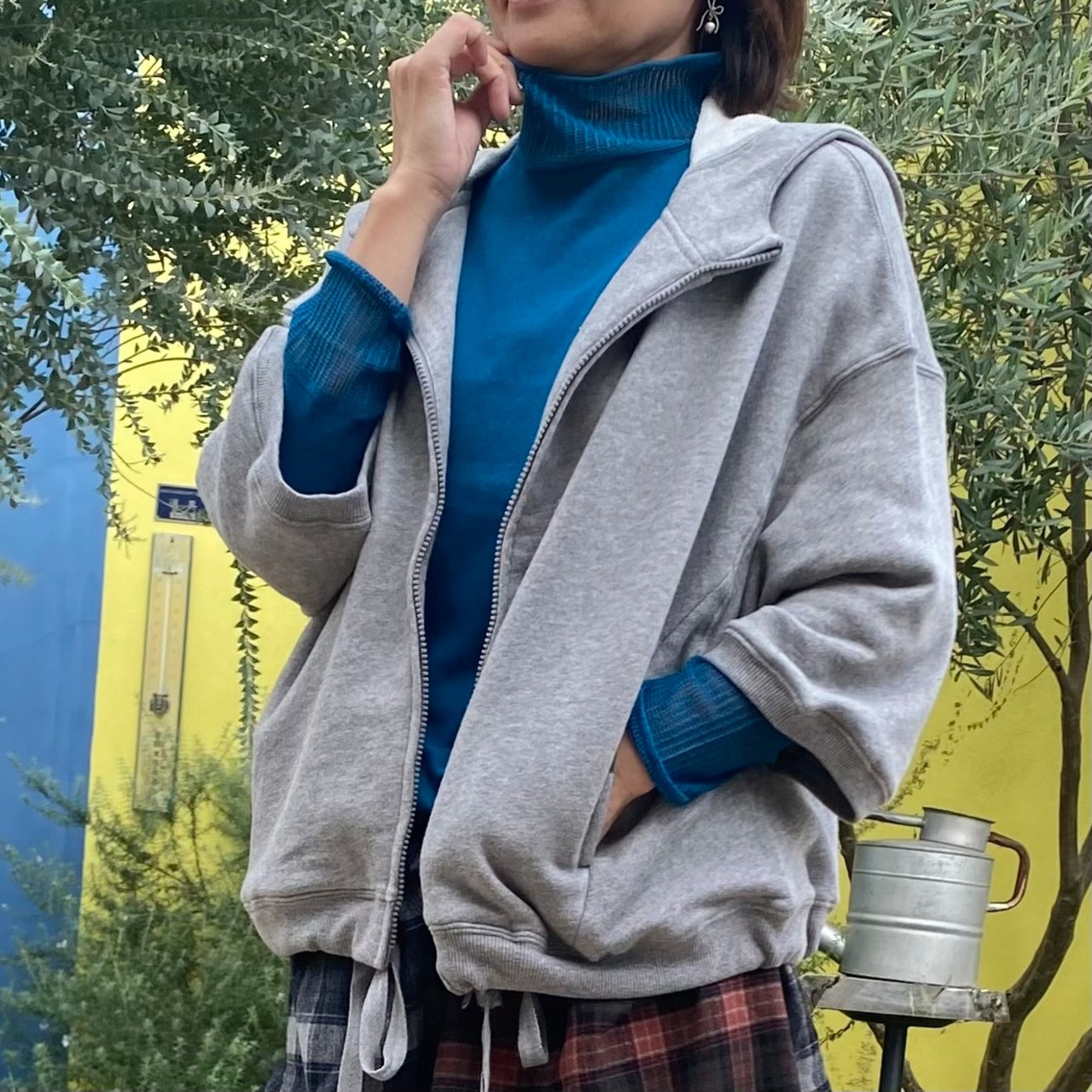 ガーゼ裏毛七分袖ワイドジップジップパーカー（25s-166)