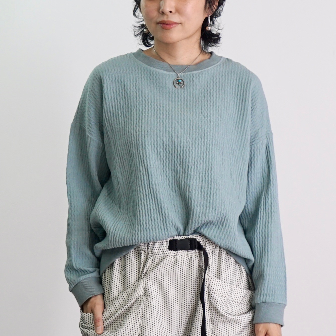 ショートラウンドトレーナー/ミストブルー/知多木綿柄ハンプ