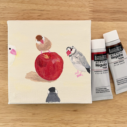 りんごと文鳥たち」ミニキャンバス原画 送料無料 絵画 vet.ikimonoya