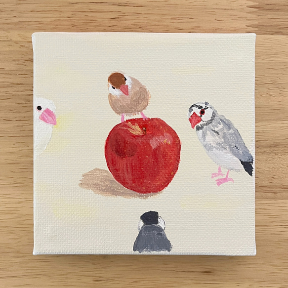 りんごと文鳥たち」ミニキャンバス原画 送料無料 絵画 vet.ikimonoya