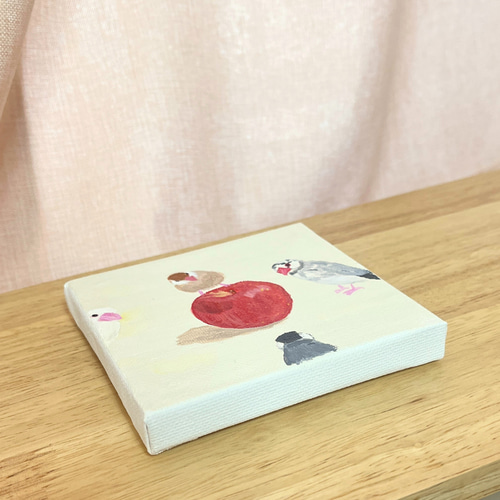 りんごと文鳥たち」ミニキャンバス原画 送料無料 絵画 vet.ikimonoya