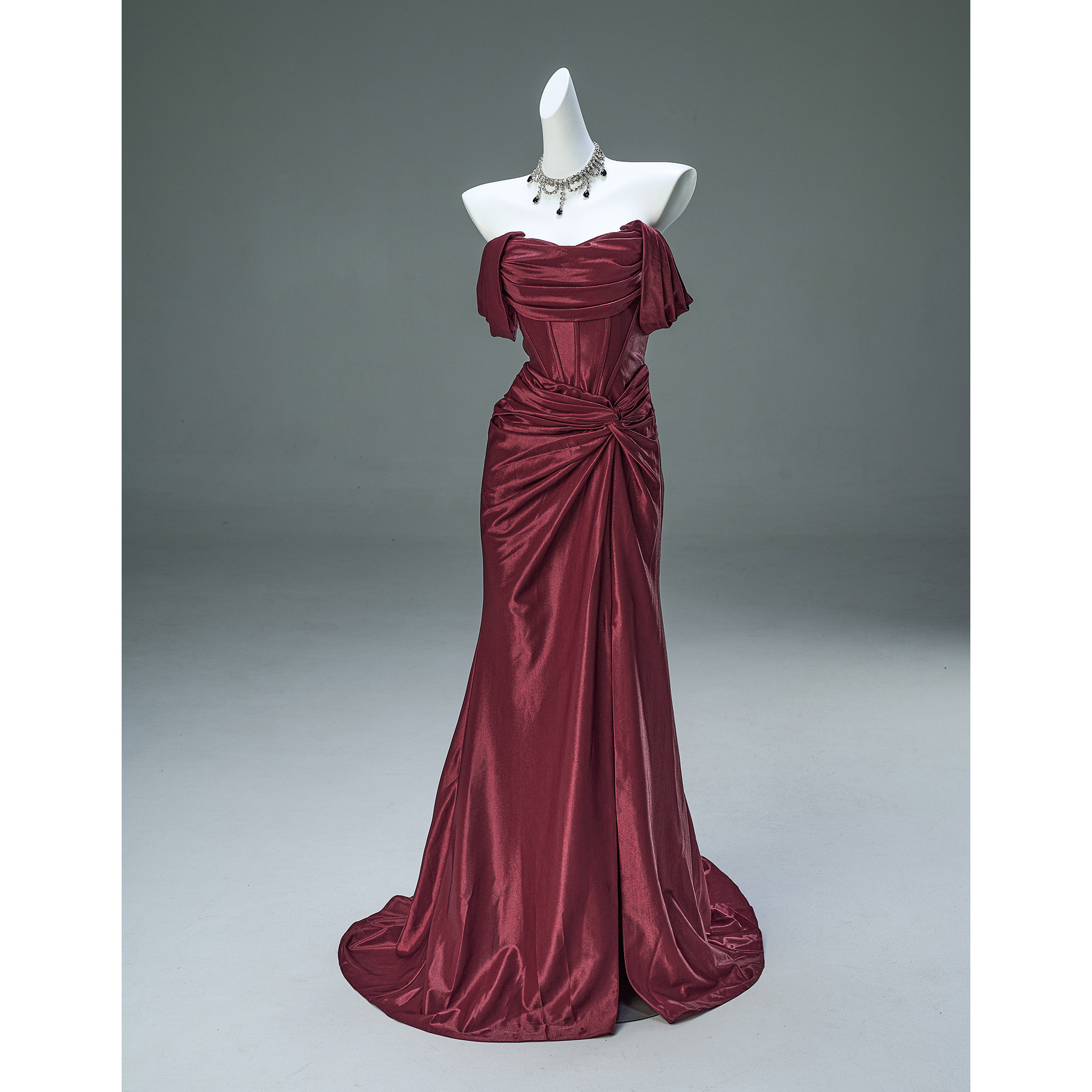 豪華 ワインレッド マーメイドドレス 裾引き ウェディングドレス パーティー 演奏会 二次会 前撮り 披露宴 AK164