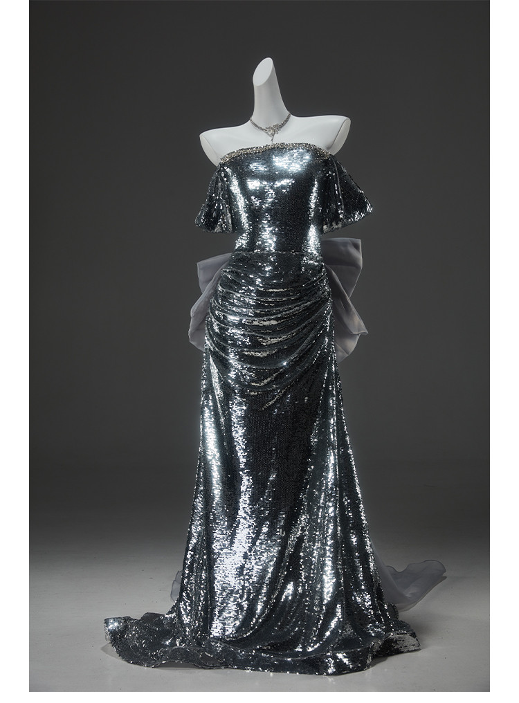 豪華 シルバー きらきら 特大リボン 裾引き ウェディングドレス パーティー 演奏会 二次会 前撮り 披露宴 AK165