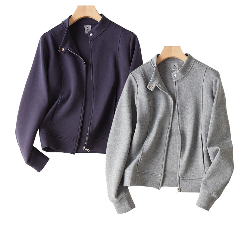 【空気層ニット/ノーアイロン】もちもちスタンドカラージャケット。軽量で動きやすく、ヨガからデイリー使いまで対応。L725