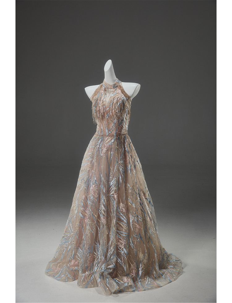 豪華 ゴールド キラキラ ホルダーネック ウェディングドレス パーティー 演奏会 二次会 前撮り 披露宴 AK167