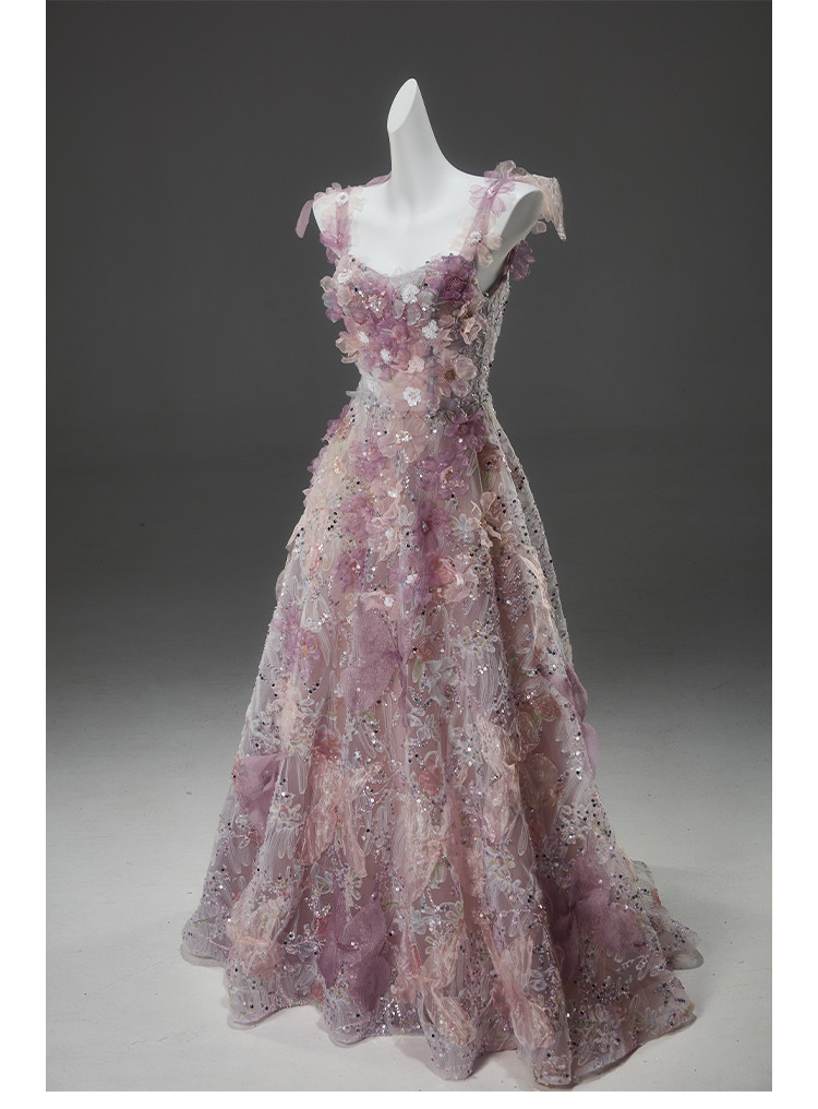 豪華 紫 キラキラ 立体花 ウェディングドレス パーティー 演奏会 二次会 前撮り 披露宴 AK168