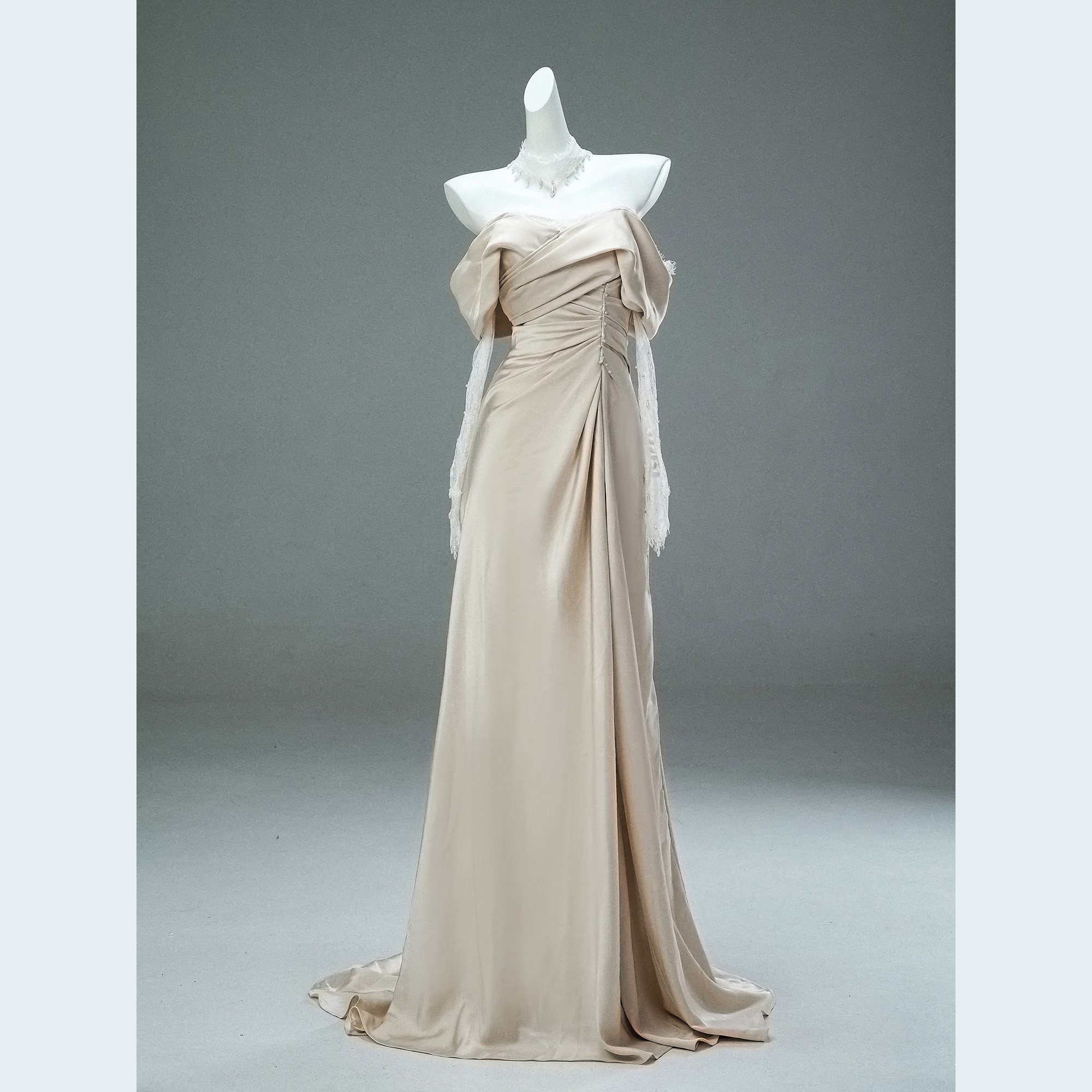 豪華 ベージュ オフショルダー 長袖 ドレス ウェディングドレス パーティー 演奏会 二次会 前撮り 披露宴 AK169