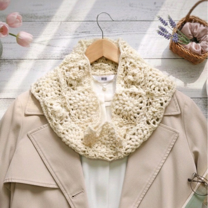 春先まで使える 花咲く白い手編みスヌード ウルグアイウール │EMIM Bloom│ホワイト