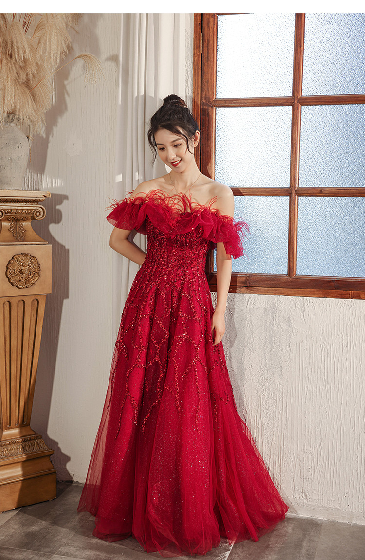 豪華 赤 オフショルダー キラキラグリッター ウェディングドレス パーティー 演奏会 二次会 前撮り 披露宴 AK180