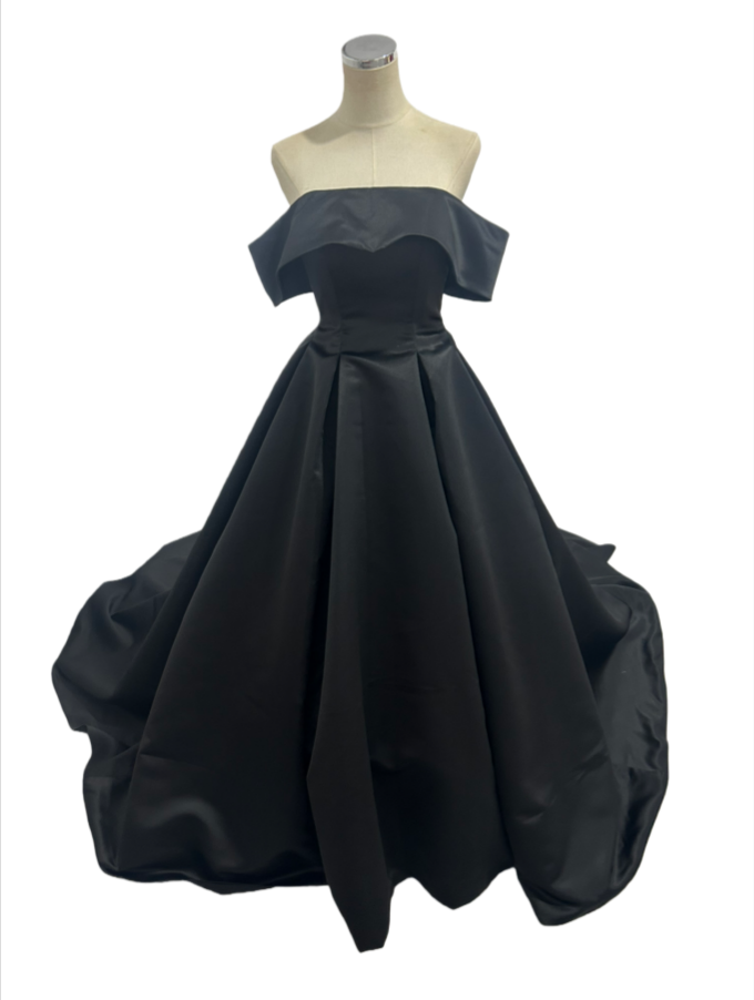 パーティードレス ブラック 取り外し可能なオフショルダー 光沢サテン ファスナー スレンダーライン 前撮り