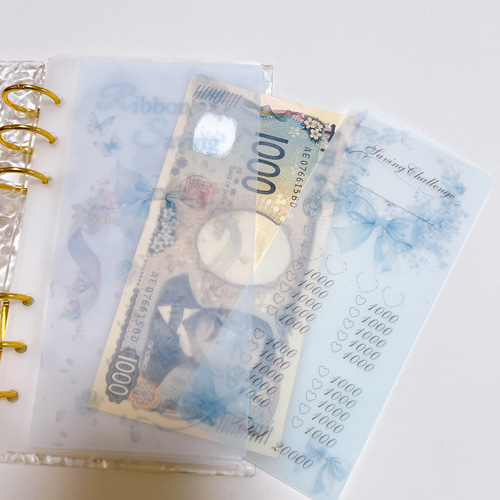 バインダー貯金 Saving リフィル A6サイズ 5枚 水色 リボン オシャレ