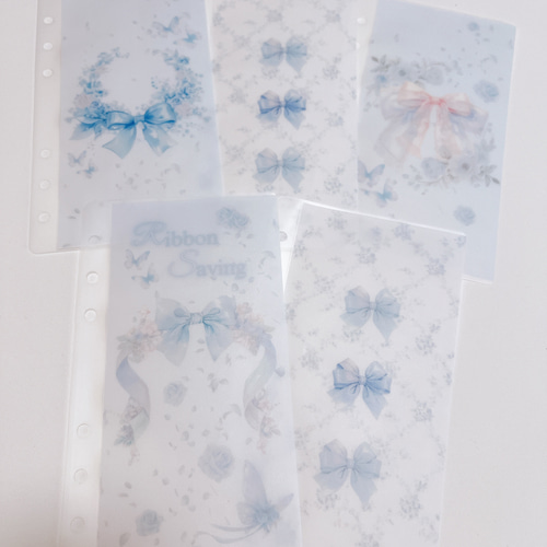 バインダー貯金 Saving リフィル A6サイズ 5枚 水色 リボン オシャレ