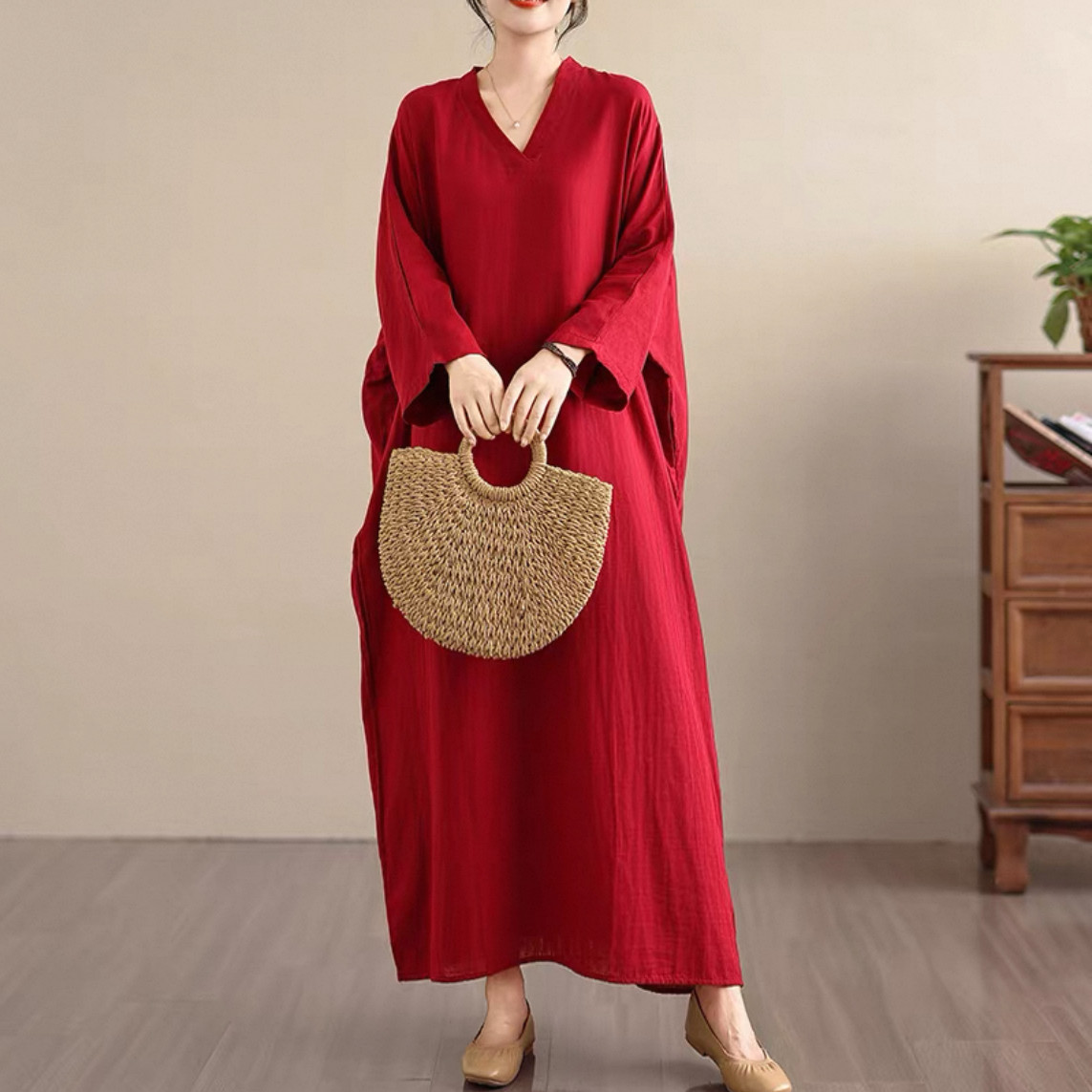 長袖ワンピース 無地ワンピース 大人カジュアルワンピース 綿麻ワンピース 秋冬 受注制作
