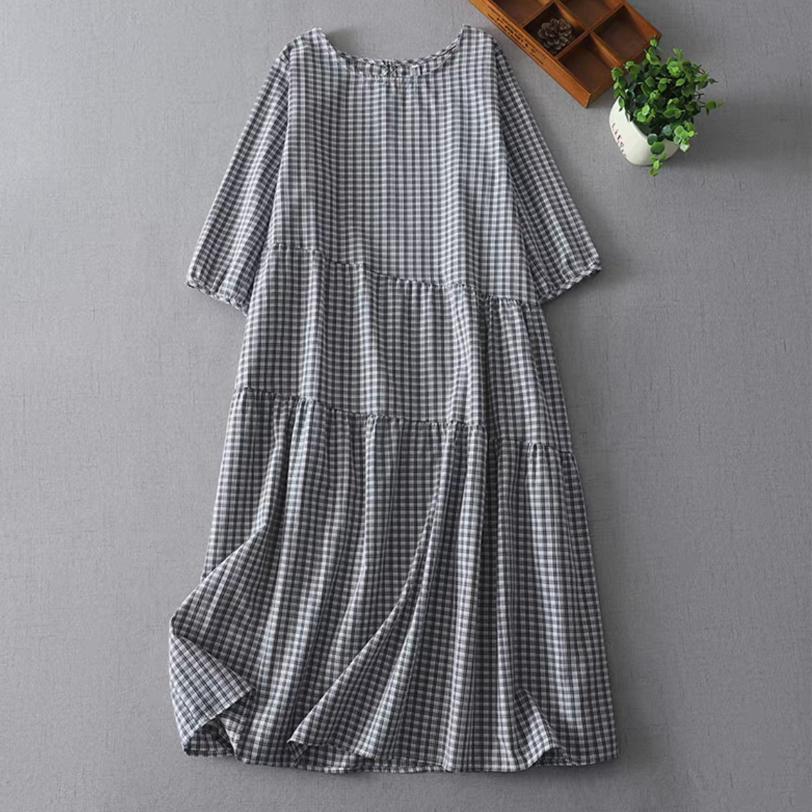 チェックワンピース、チェック柄、7分袖、大人カジュアルワンピース 綿麻ワンピース 秋冬 受注制作