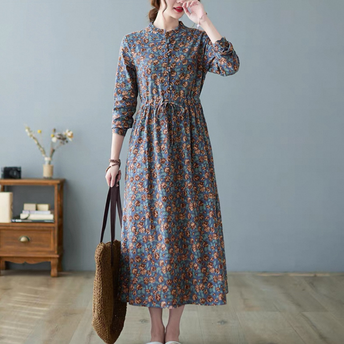 花柄ワンピース 大人カジュアルワンピース 長袖ワンピース 綿麻ワンピース 秋冬ワンピース 受注制作