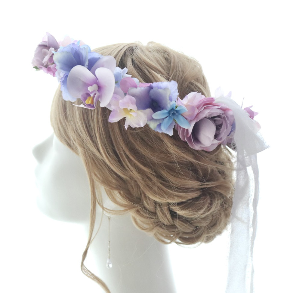 花冠＊胡蝶蘭やブルースターの青紫系花かんむり＊サムシングブルーにもオススメ