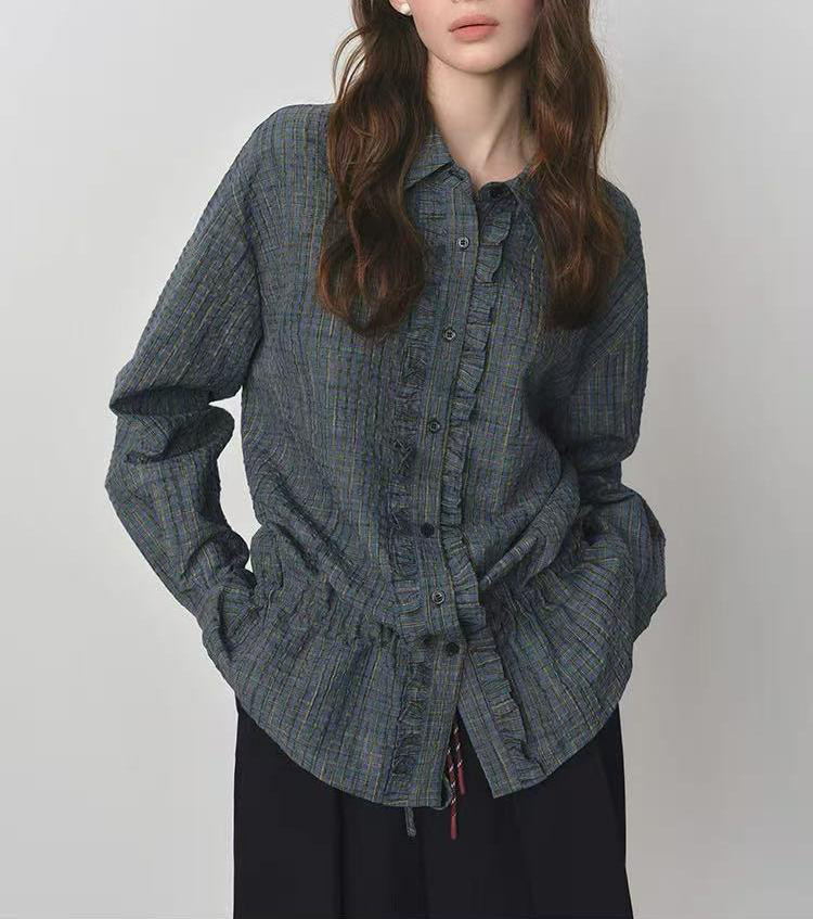 レトロリラックス木耳リボンバブルチェック生地シャツ 女性用 2025 秋新作ブラウス