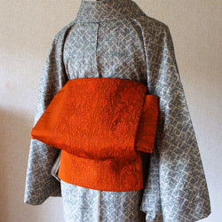 すぐに結べる「さくら造り帯」オレンジ系の洋花柄の二重太鼓 和装小物