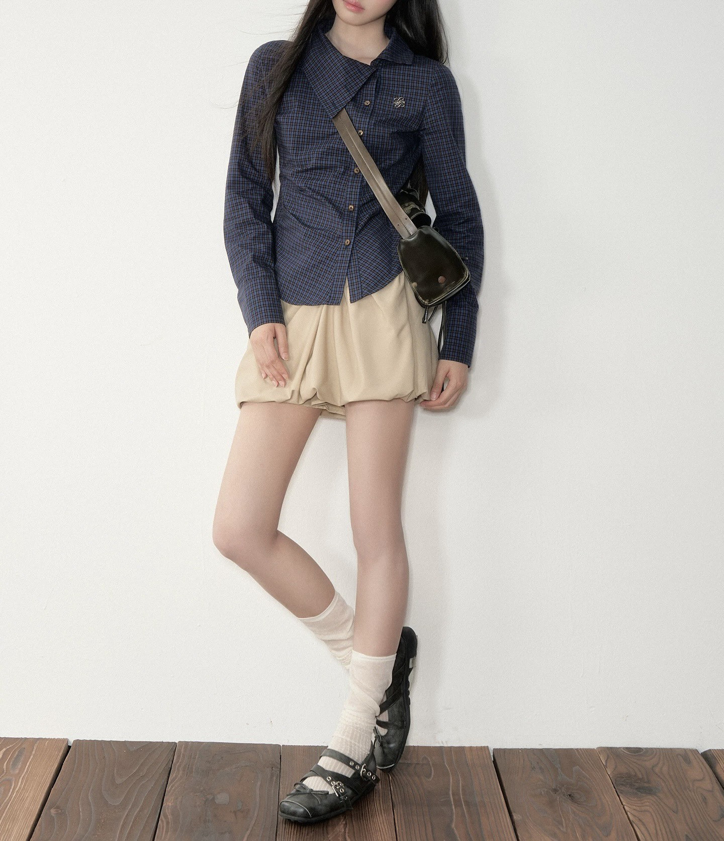 濃紺リバーシブルカラーレトロチェックウエストシェイプ長袖シャツ レディース ミニスカーフスキルトセット