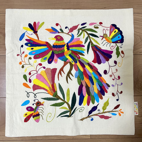 クッションカバー【45cm】メキシコ オトミ刺繍 孔雀 クッション