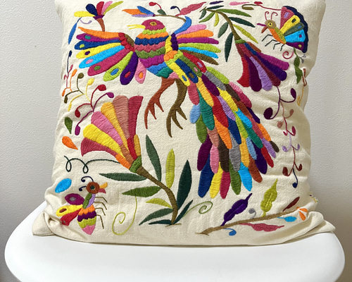 クッションカバー【45cm】メキシコ オトミ刺繍 孔雀 クッション