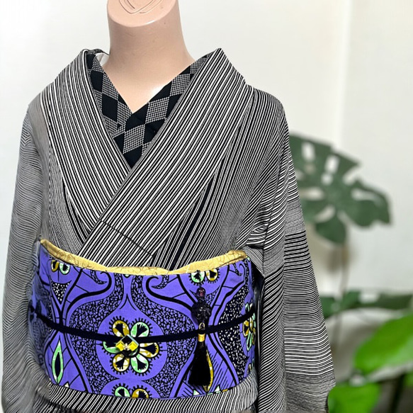 『送料無料キャンペーン中！』 アフリカ布名古屋帯・パープル　限定1本 2枚目の画像