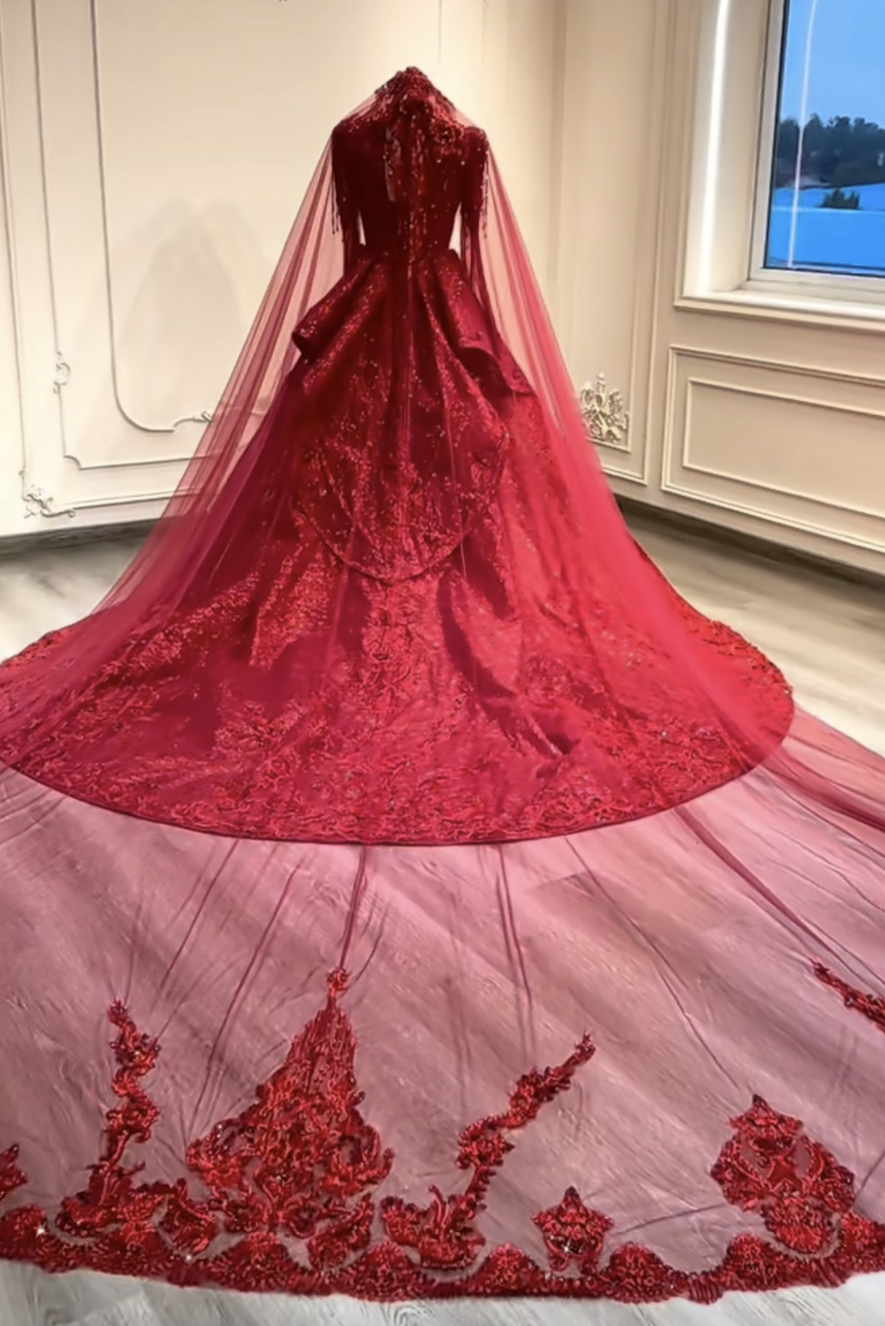 WEB限定　ラッパ袖　シースルー長袖トレーン　編み上げ　背中空き花嫁　マーメイドドレス　パーティー演奏会コンテスト発表会