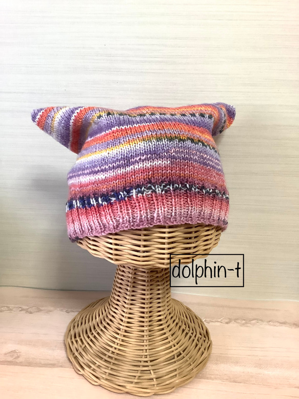 オパール毛糸の猫耳帽子　手編み　#24 1枚目の画像