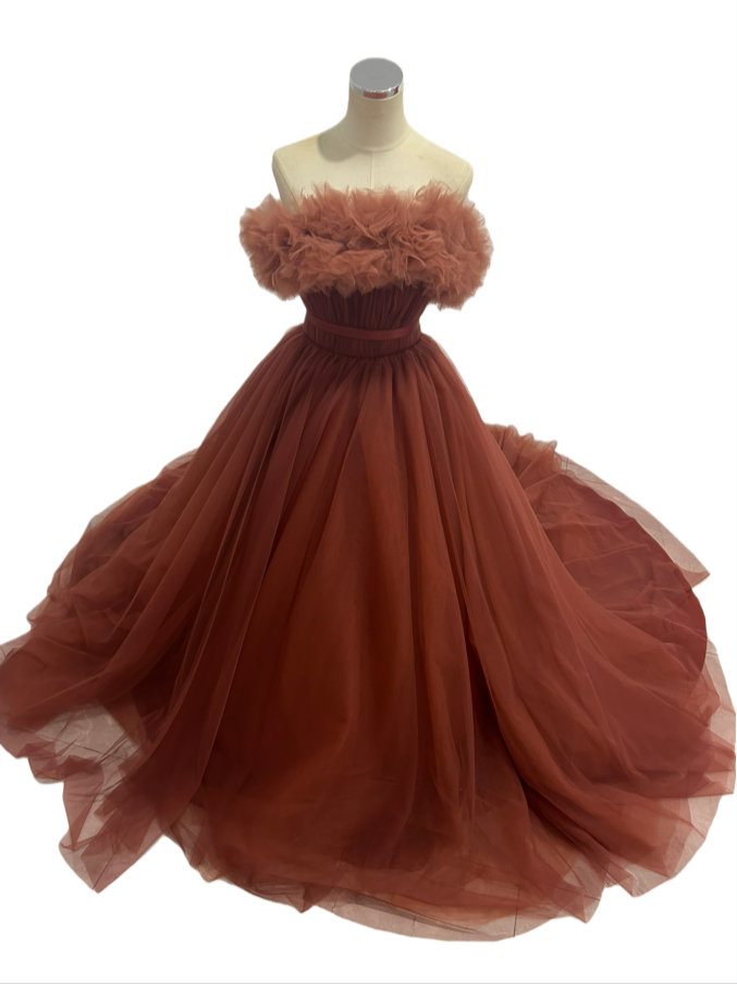 カラードレス テラコッタ 取り外し可能なオフショルダー サッシュベルト 編み上げ 前撮り 柔らかく重ねたチュールスカート