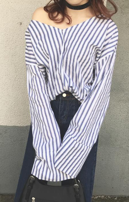 ベルスリーブ ストライプトップス(BLU)　カットソー　青　きれいめ
