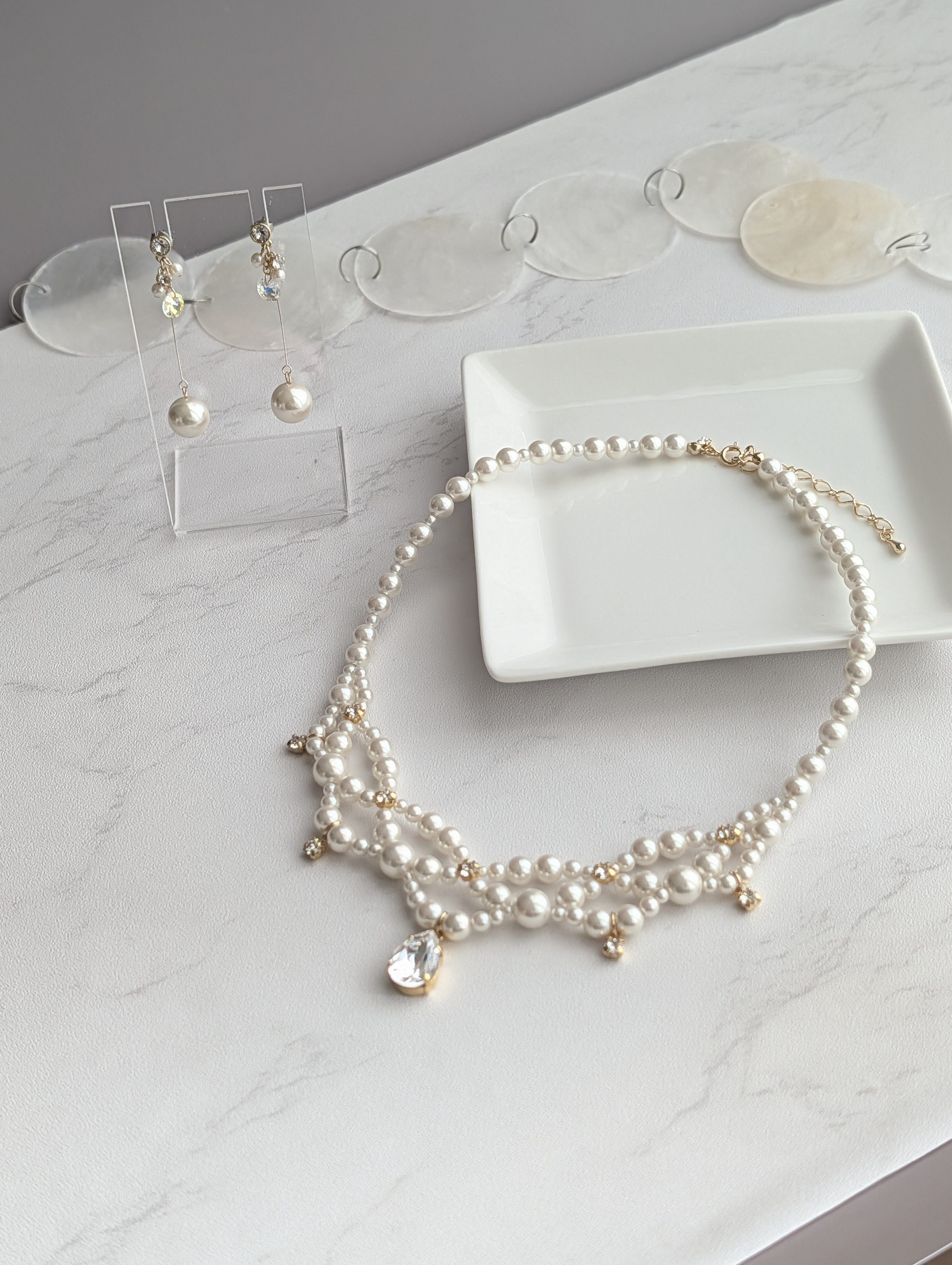 レース風パールネックレス（ピアスorイヤリング）2点セット ◇ ウエディング/ブライダル/結婚式