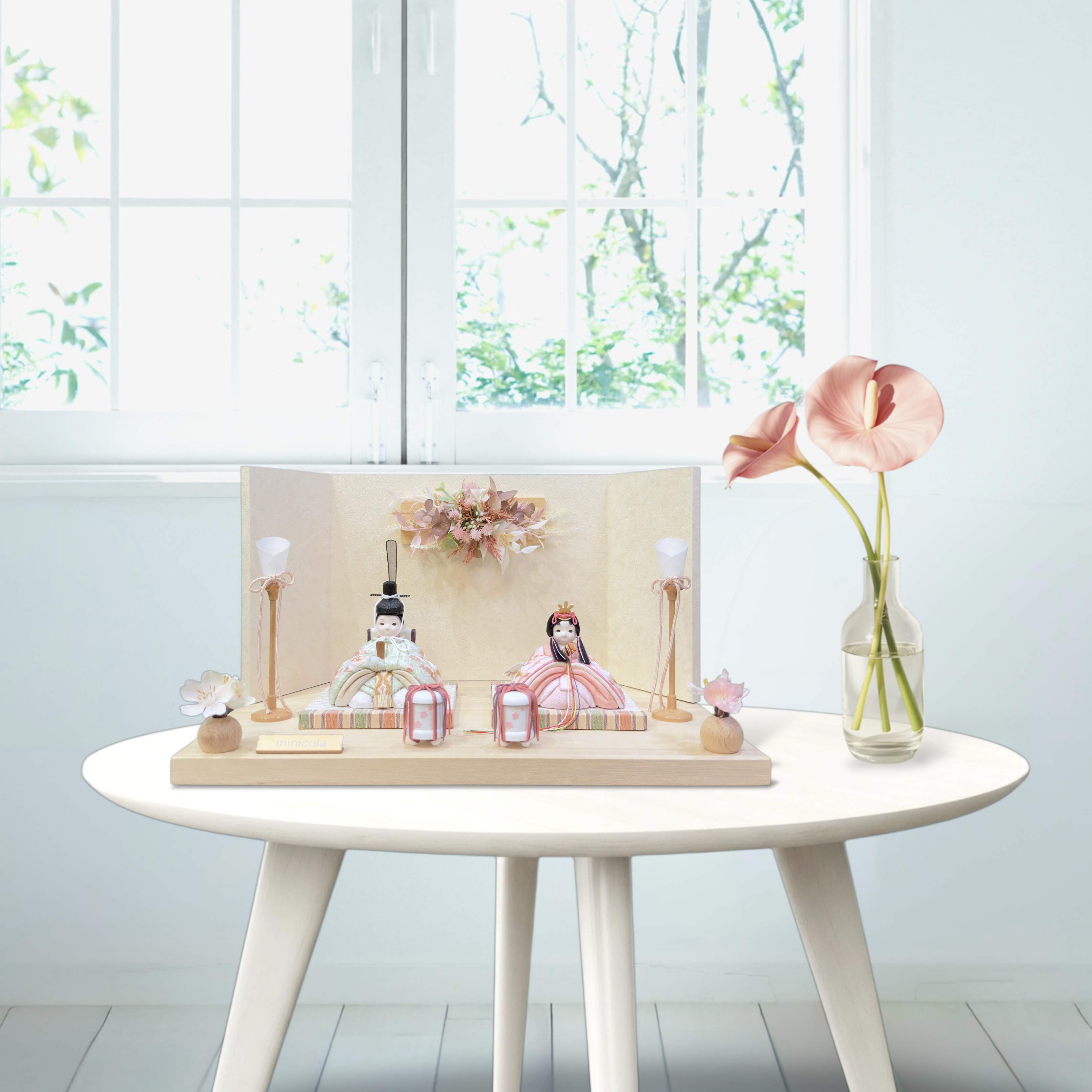 minicola　rico紗香（さやか）木目込み雛人形　木台　ナチュラルファーラ屏風　ひな人形　ひな祭り