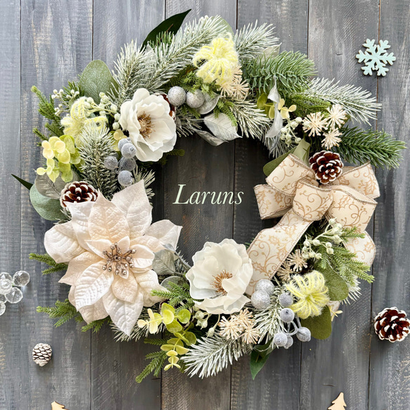 ピンクポインセチアのリース30cm M-Noel30003 白ポインセチアの特大