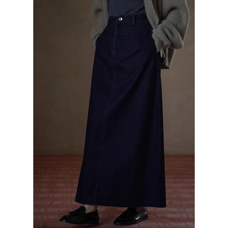 【ブラッシュ加工/ヴィンテージ風】ハイウエストAラインロングスカート。ブルーデニムスカート#805