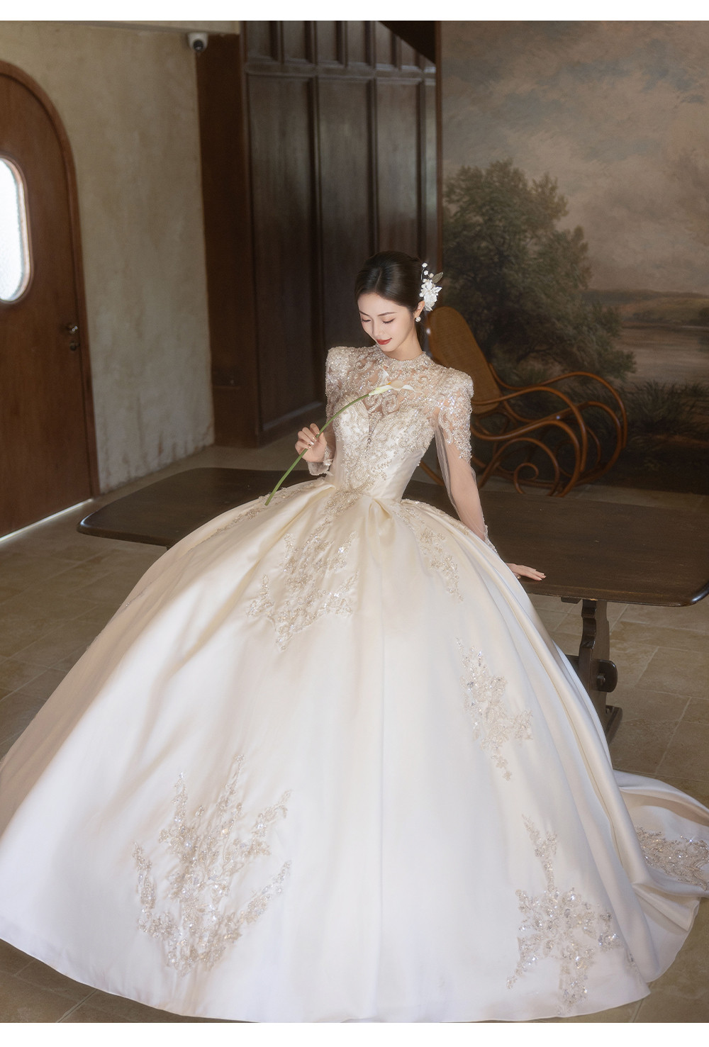 豪華 白 高級感 サテン きらきら ウェディングドレス パーティー 結婚式 花嫁 演奏会 前撮り 披露宴 A7007