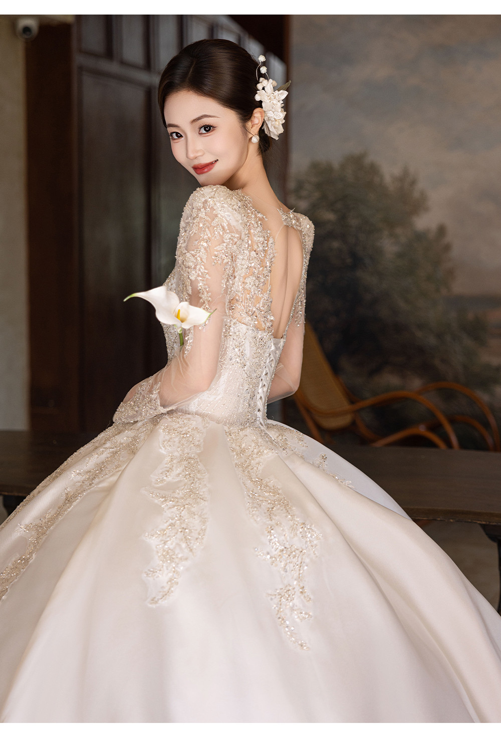豪華 白 高級感 きらきら 長袖 ウェディングドレス パーティー 結婚式 花嫁 演奏会 前撮り 披露宴 A7008