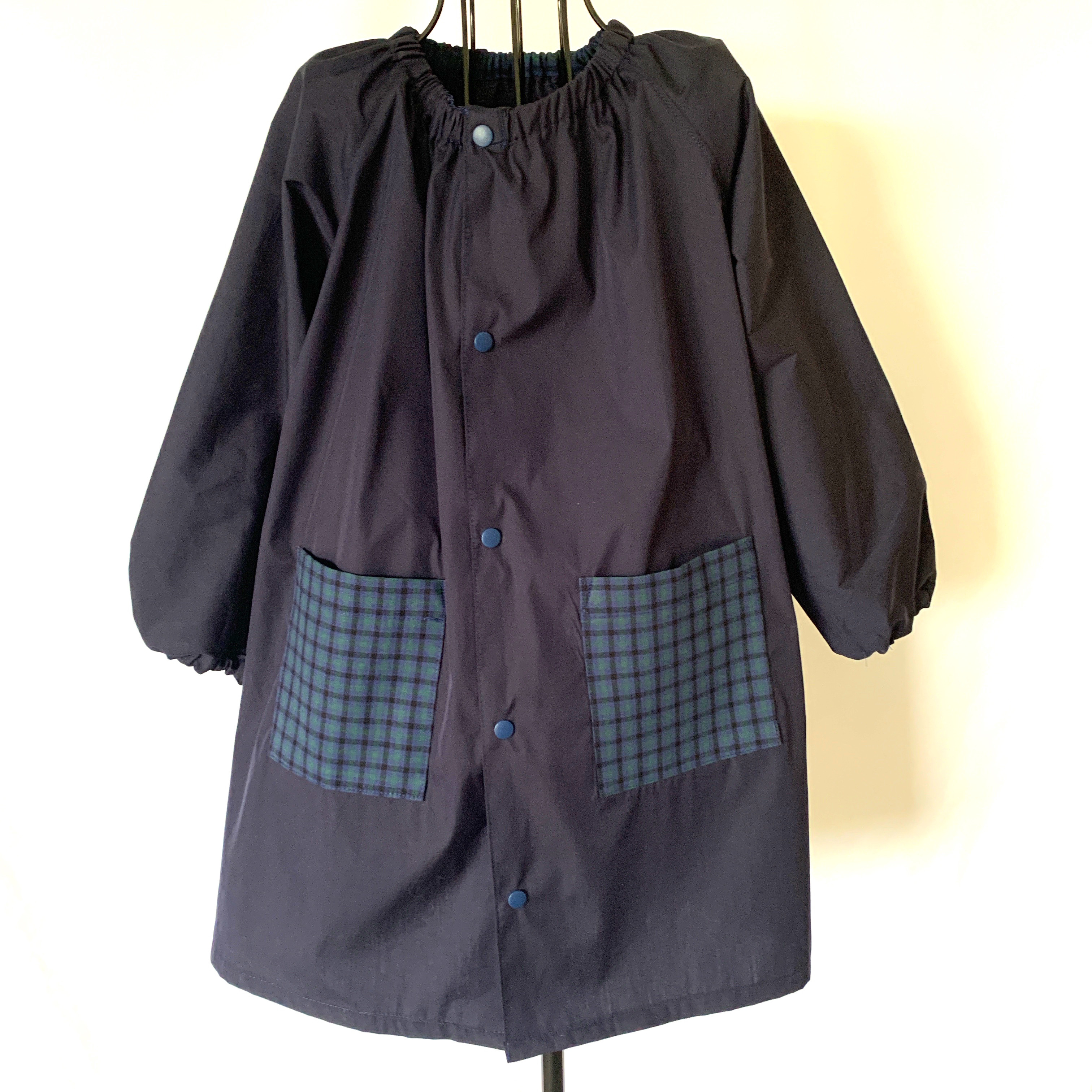 前あきスモック　　紺×ブラックウォッチ　100〜160