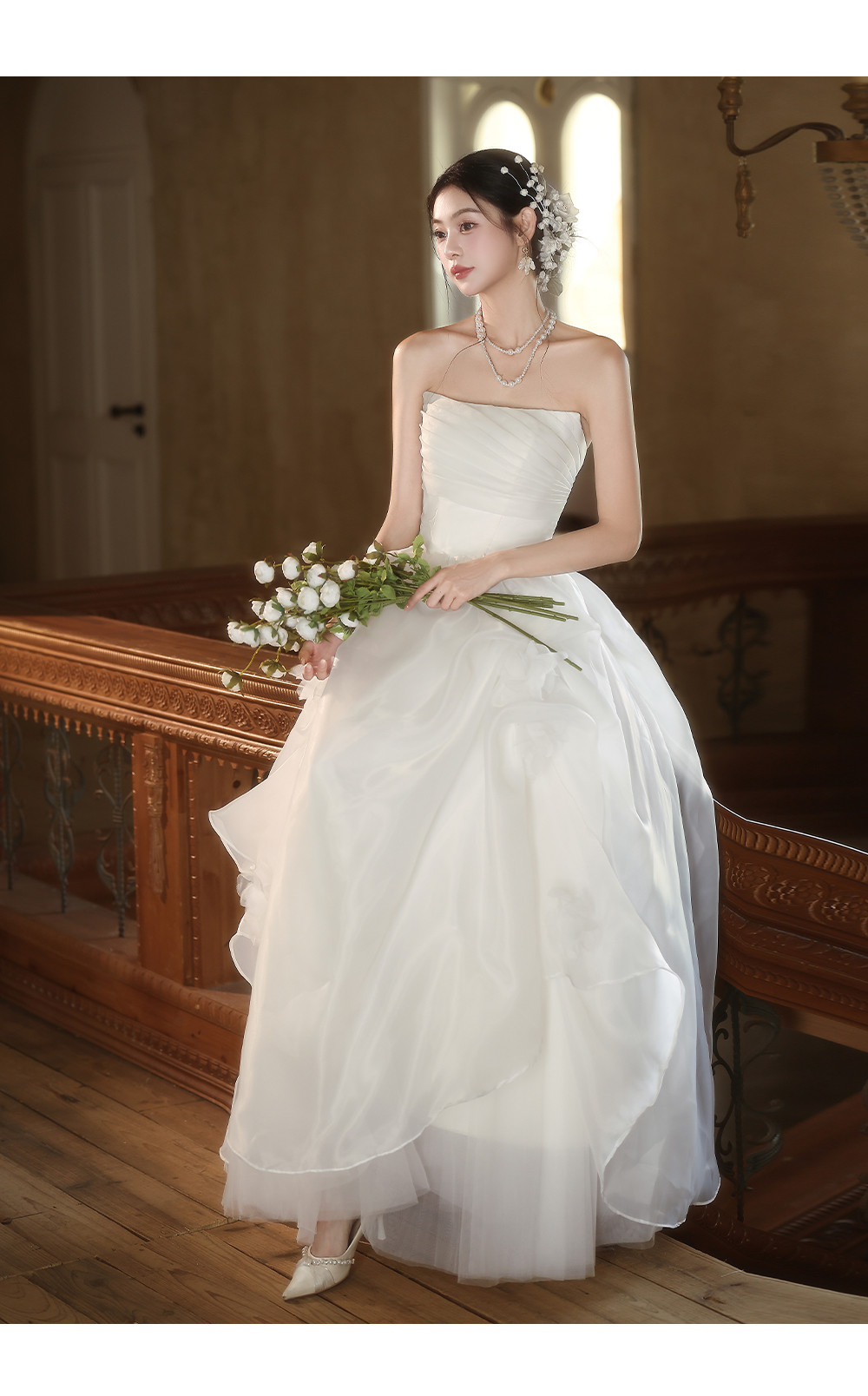 豪華 白 オフショルダー ウェディングドレス パーティー 韓国風 上品 結婚式 花嫁 演奏会 前撮り 披露宴 A7014