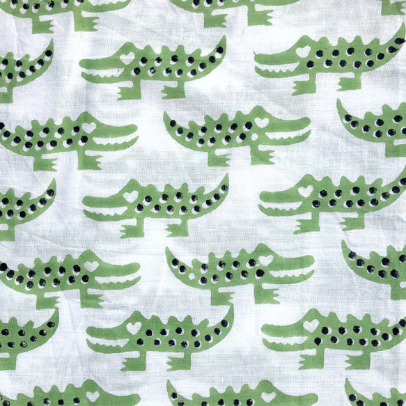 インド ブロックプリント生地 [50cm単位切売] サンガネリ ワニさん グリーン 花 SA 鰐 IF0364 1枚目の画像