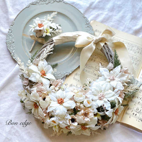 完成品】ホワイトクリスマスリースブーケ アーティフィシャルフラワー