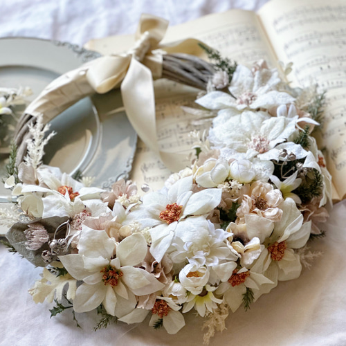 完成品】ホワイトクリスマスリースブーケ アーティフィシャルフラワー