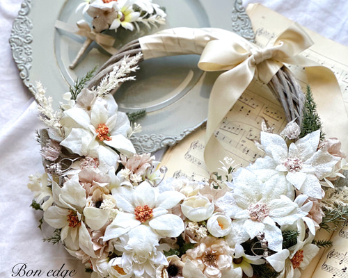 プリザーブドフラワー リース ブーケ ブートニア SET ブライダル クリスマス 完成品】ホワイトクリスマスリースブーケ アーティフィシャルフラワー