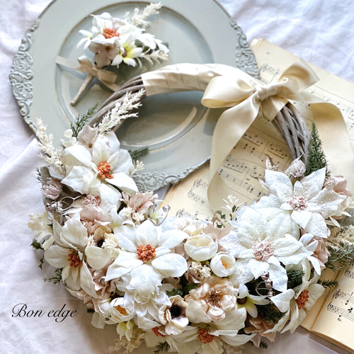 完成品】ホワイトクリスマスリースブーケ アーティフィシャルフラワー