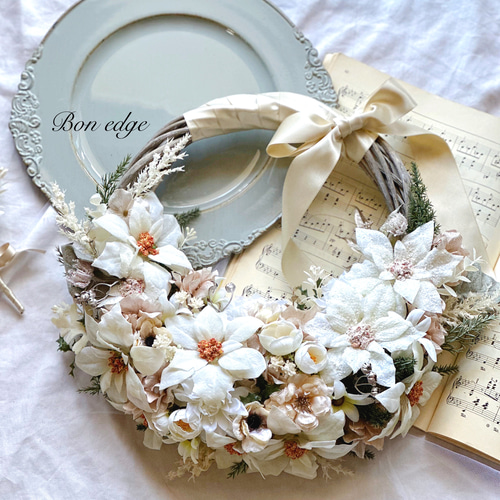 完成品】ホワイトクリスマスリースブーケ アーティフィシャルフラワー