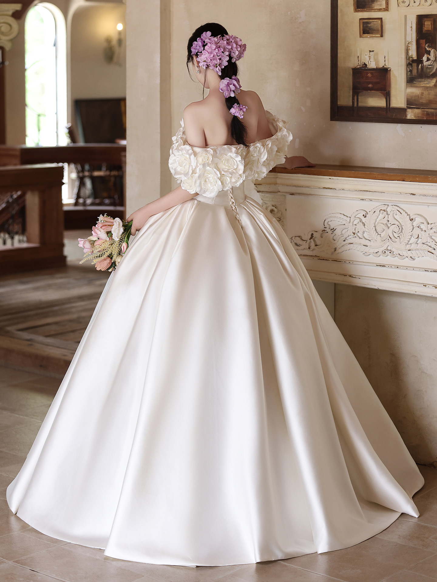 綺麗 白 オフショルダー 立体花 ウェディングドレス パーティー 韓国風 花嫁 演奏会 前撮り 披露宴 A7034