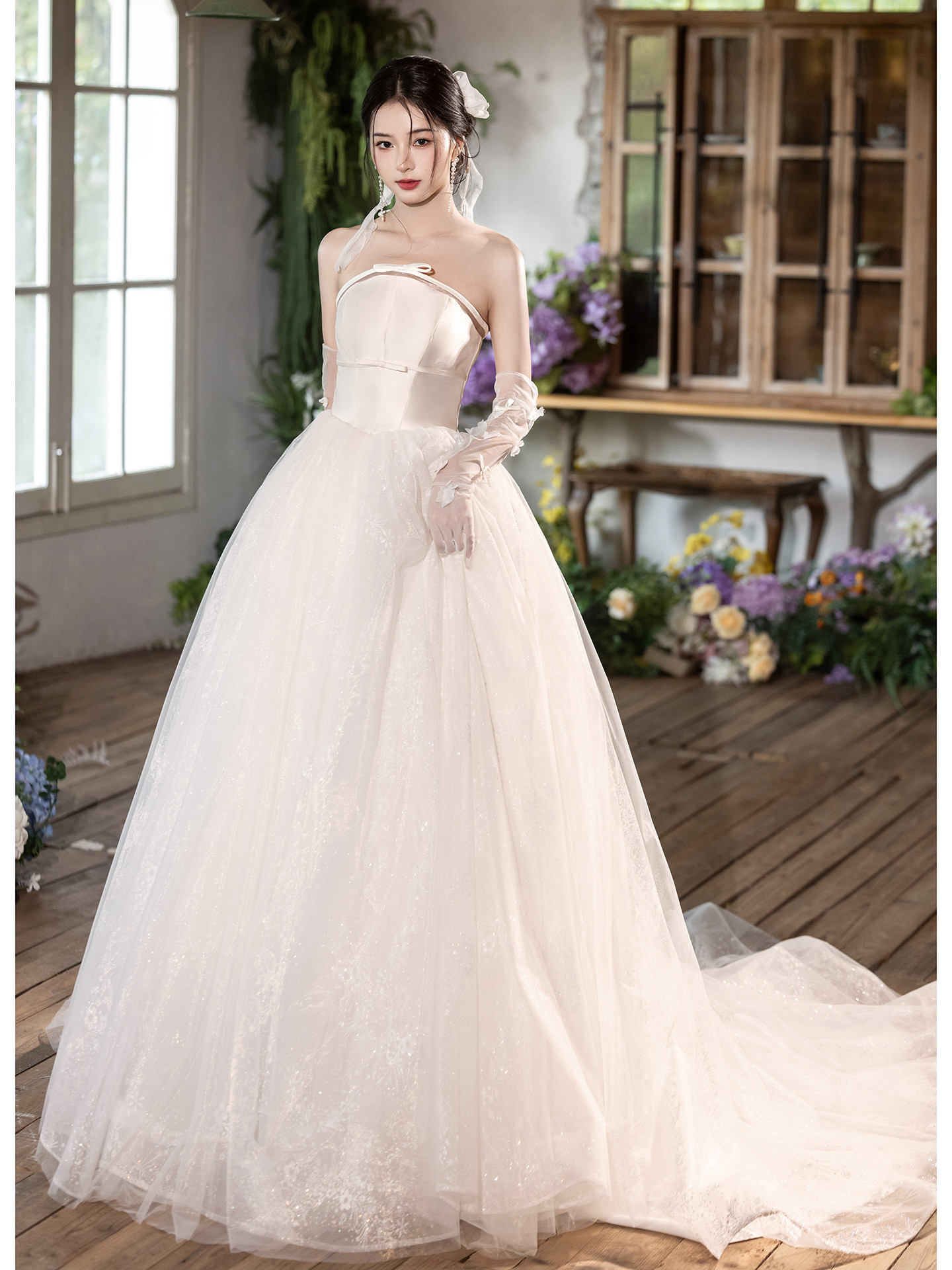 綺麗 白 レース オフショルダー ウェディングドレス 裾引き 上品 パーティー 花嫁 演奏会 前撮り 披露宴 A7038